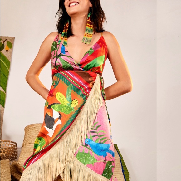 FARM Rio Dresses & Skirts - FARM Rio Multicolor Tropical Fringe Wrap Dress